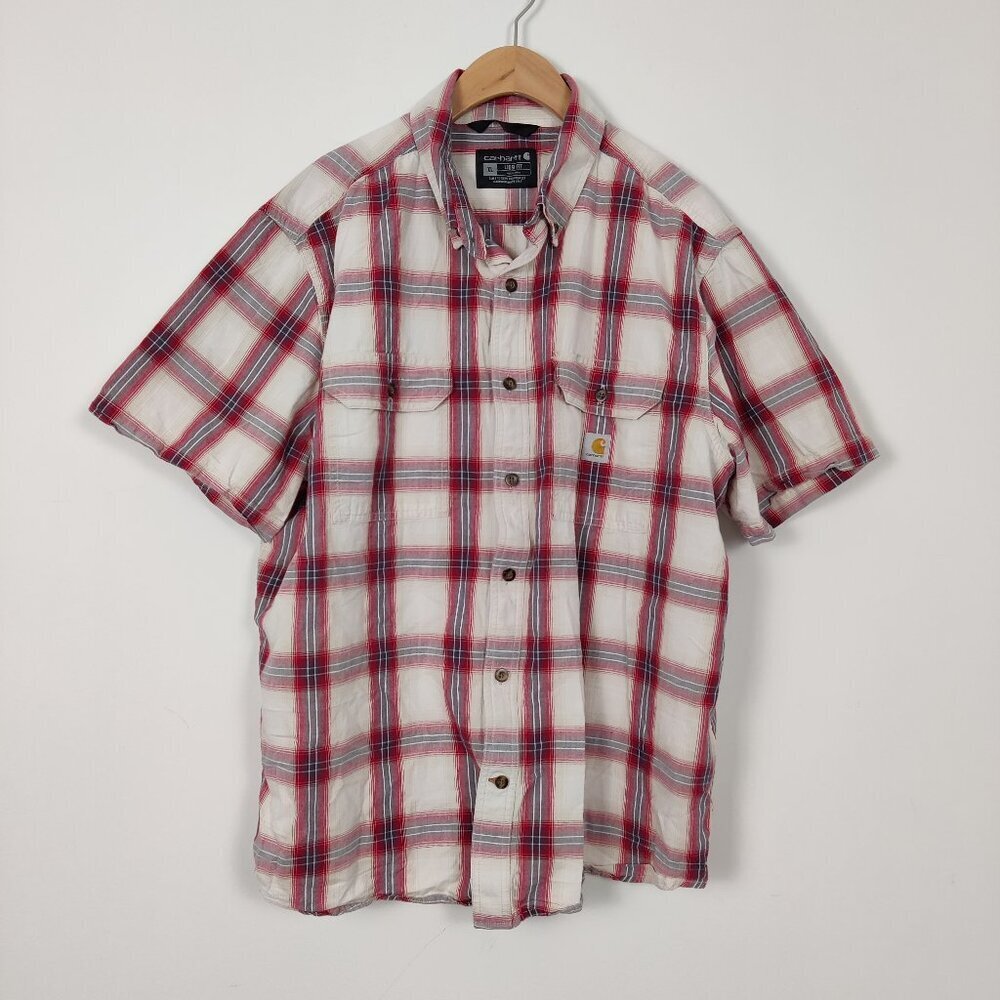 Carhartt Men's Button Down Shirt in Red Cream Size XL Plaid 100% Cotton Gorpcore